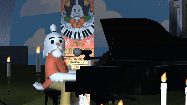 Mr. Woofmantic playing piano in front of the Dog Castle